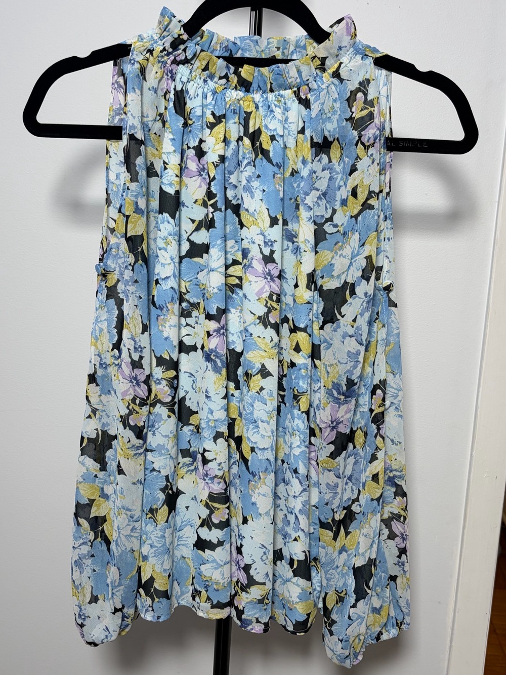 Vince Camuto Blue Floral Ruffled Mock Neck Blouse